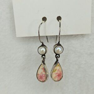 Jessica Lee Sterling Silver Earrings Pearl Pink Flower Pottery Ceramic JL 925